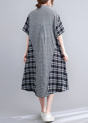 Loose Black Peter Pan Collar Plaid Patchwork Button Long Dress Summer