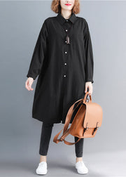 Loose Black Peter Pan Collar Pockets Cotton Mid Shirt Spring