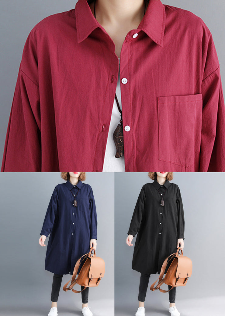 Loose Black Peter Pan Collar Pockets Cotton Mid Shirt Spring