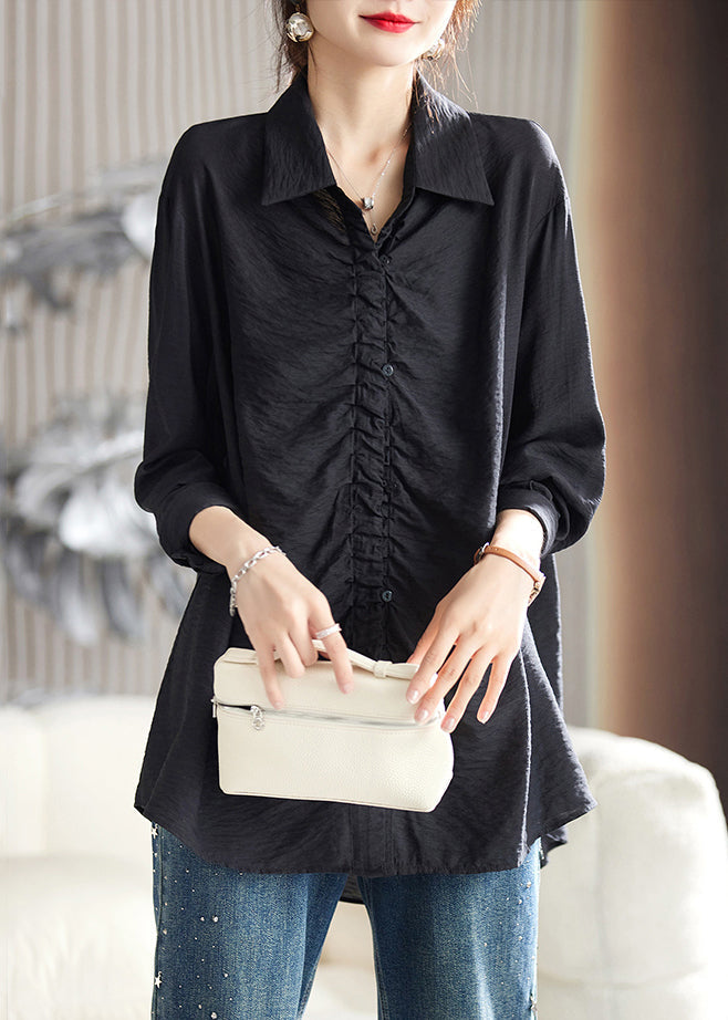 Loose Black Peter Pan Collar Wrinkled Cotton Shirt Spring