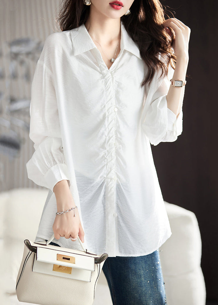 Loose Black Peter Pan Collar Wrinkled Cotton Shirt Spring