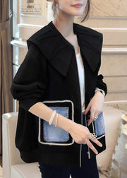 Loose Black Peter Pan Collar Zip Up Patchwork Cotton Coat Long Sleeve