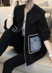 Loose Black Peter Pan Collar Zip Up Patchwork Cotton Coat Long Sleeve