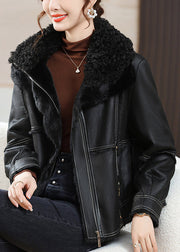 Loose Black Peter Pan Collar Zippered Fuzzy Fur Coats Winter