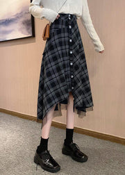 Loose Black Plaid Asymmetrical Design Button Cotton Skirts Summer