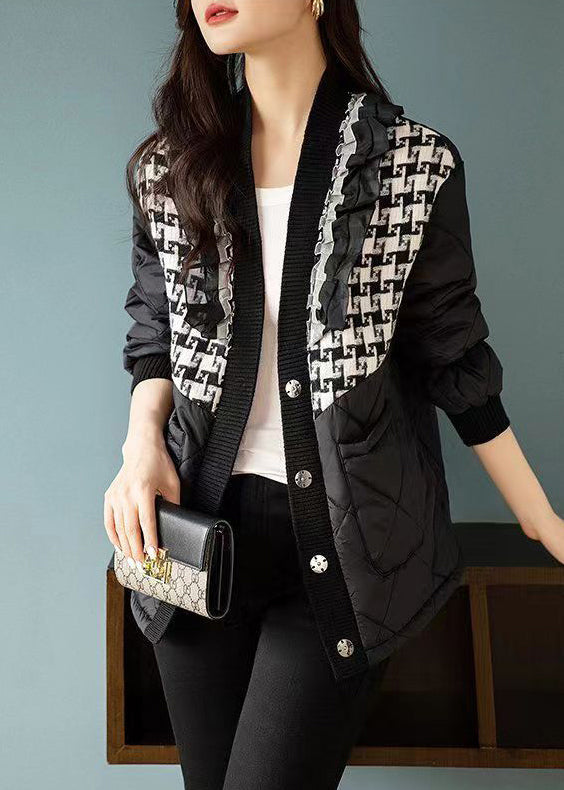 Loose Black Plaid Button Patchwork Cotton Coats Winter