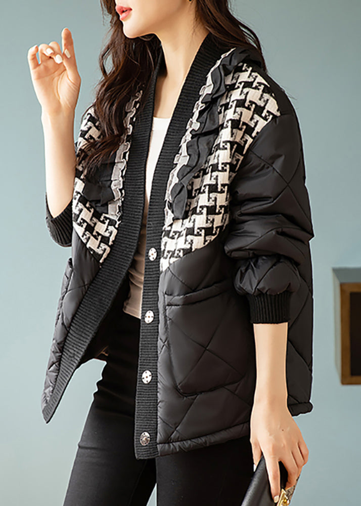 Loose Black Plaid Button Patchwork Cotton Coats Winter