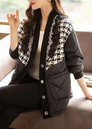 Loose Black Plaid Button Patchwork Cotton Coats Winter