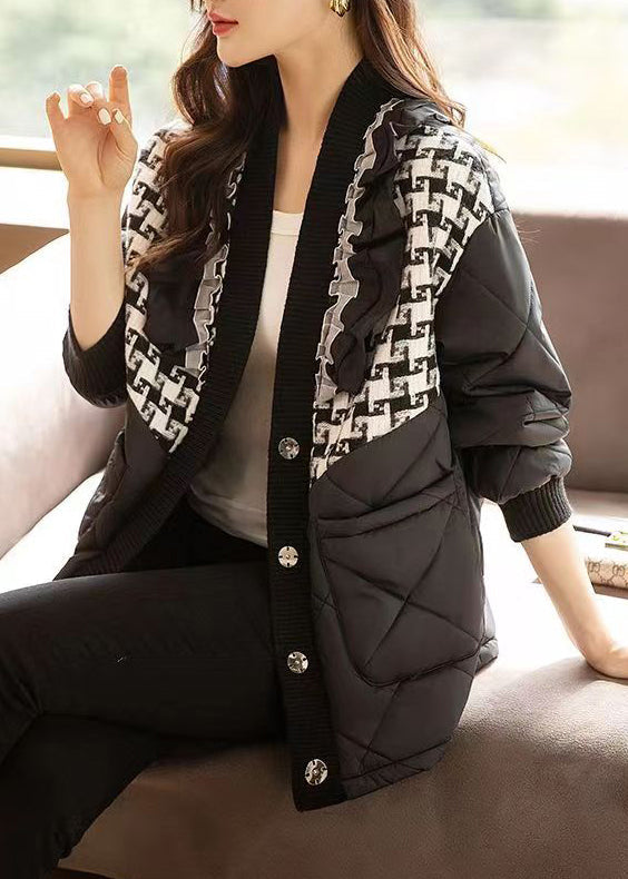 Loose Black Plaid Button Patchwork Cotton Coats Winter