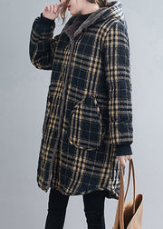 Loose Black Plaid Hooded Pockets Warm Fleece Parka Winter