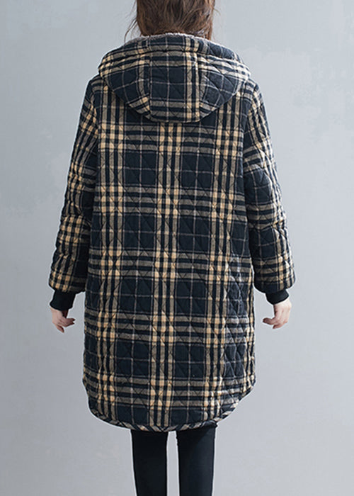 Loose Black Plaid Hooded Pockets Warm Fleece Parka Winter