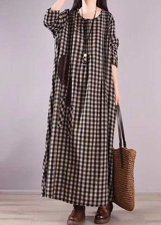 Loose Black Plaid O Neck Pockets Patchwork Cotton Dress Fall