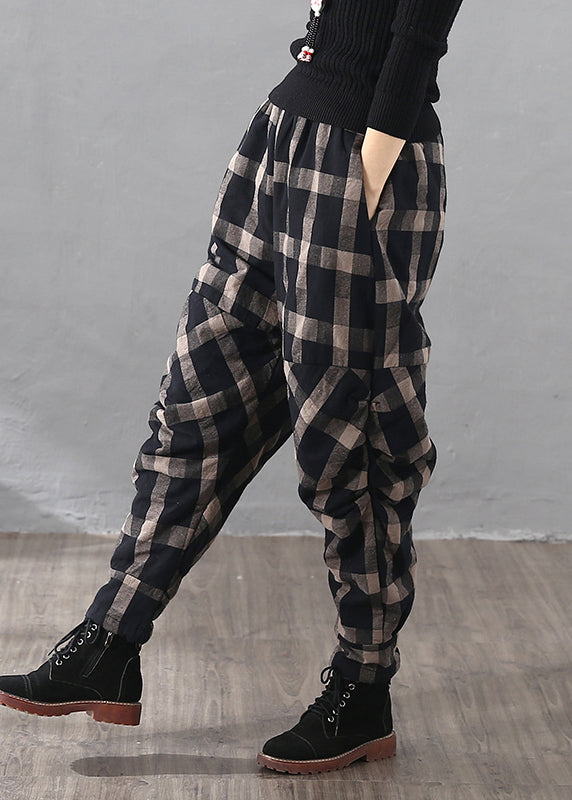 Loose Black Plaid Wrinkled Pockets Cotton Filled Pants Fall