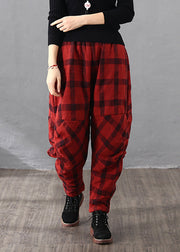 Loose Black Plaid Wrinkled Pockets Cotton Filled Pants Fall