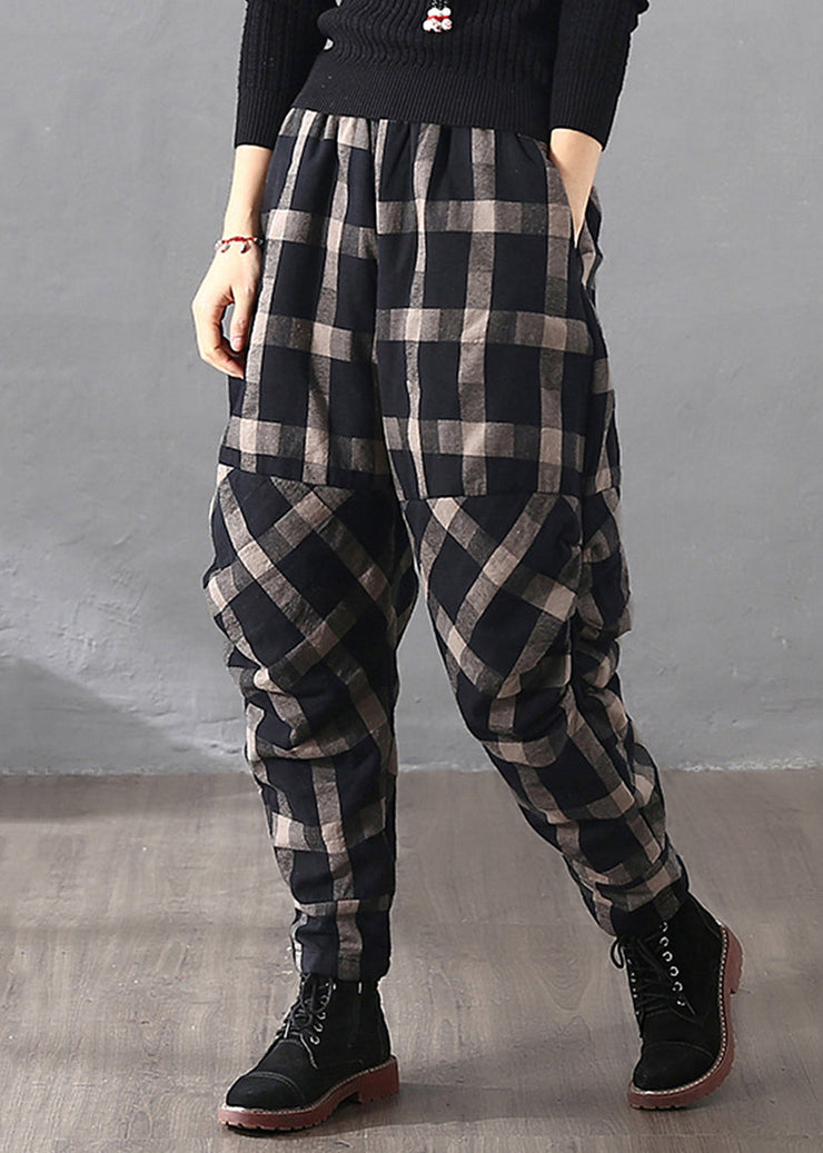 Loose Black Plaid Wrinkled Pockets Cotton Filled Pants Fall