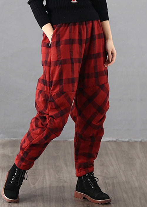 Loose Black Plaid Wrinkled Pockets Cotton Filled Pants Fall