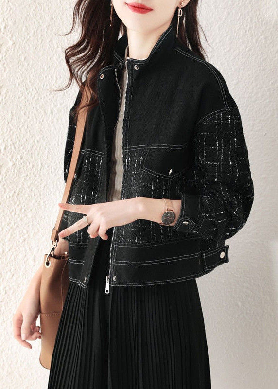 Loose Black Plaid Zip Up Patchwork Denim Coat Fall