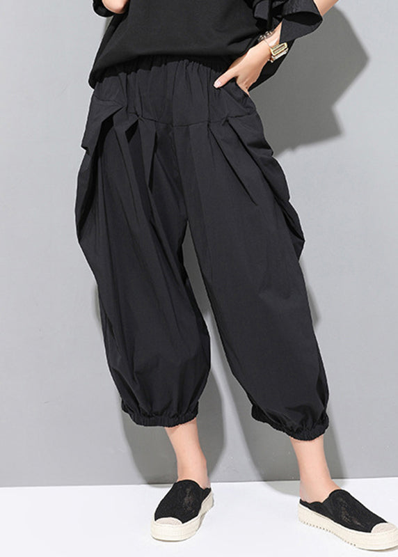 Loose Black Pockets Elastic Waist Crop Pants Fall