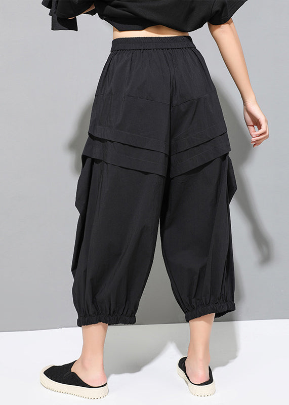 Loose Black Pockets Elastic Waist Crop Pants Fall