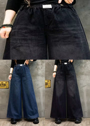 Loose Black Pockets Elastic Waist Denim Wide Leg Pants Fall