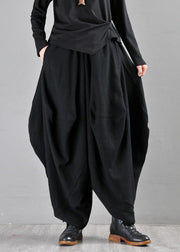 Loose Black Pockets Elastic Waist Wide Leg Pants Fall