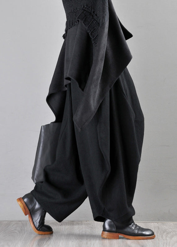 Loose Black Pockets Elastic Waist Wide Leg Pants Fall