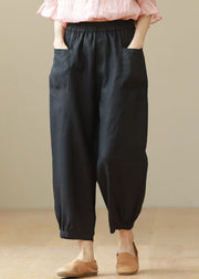 Loose Black Pockets High Waist Cotton Crop Pants