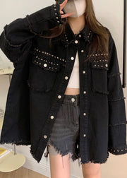 Loose Black Pockets Nail Bead Denim Coats Long Sleeve