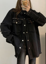 Loose Black Pockets Nail Bead Denim Coats Long Sleeve