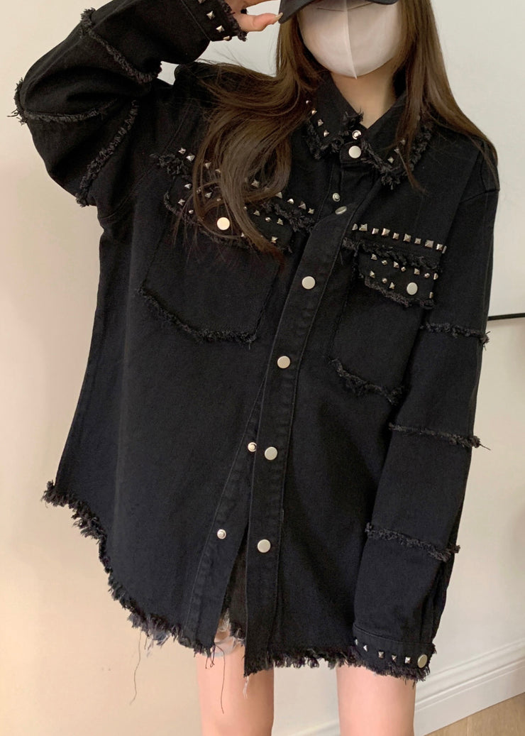 Loose Black Pockets Nail Bead Denim Coats Long Sleeve