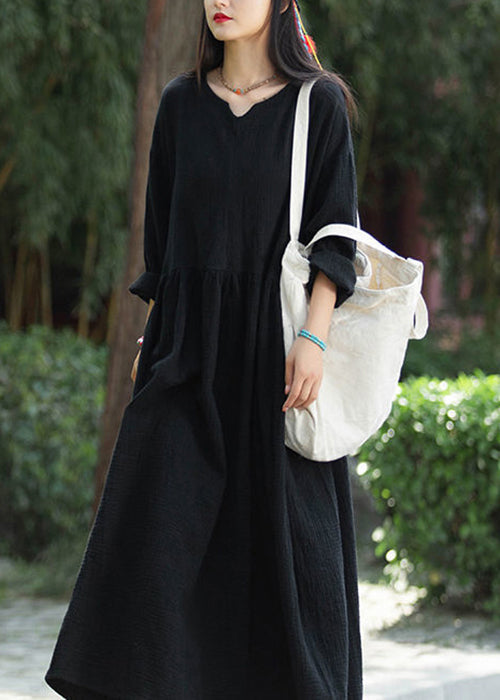 Loose Black Pockets Patchwork Linen Long Dresses Fall