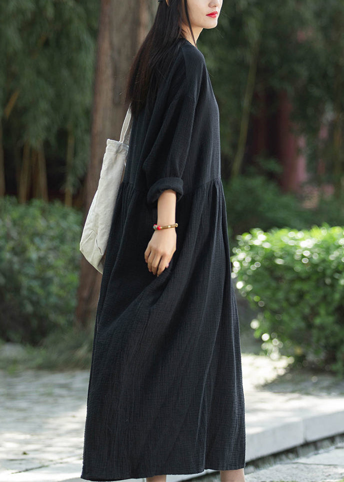 Loose Black Pockets Patchwork Linen Long Dresses Fall