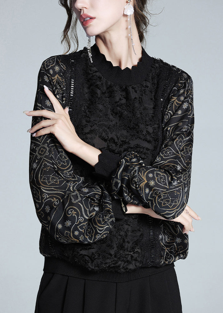 Loose Black Print Lace Patchwork Warm Fleece T Shirt Winter