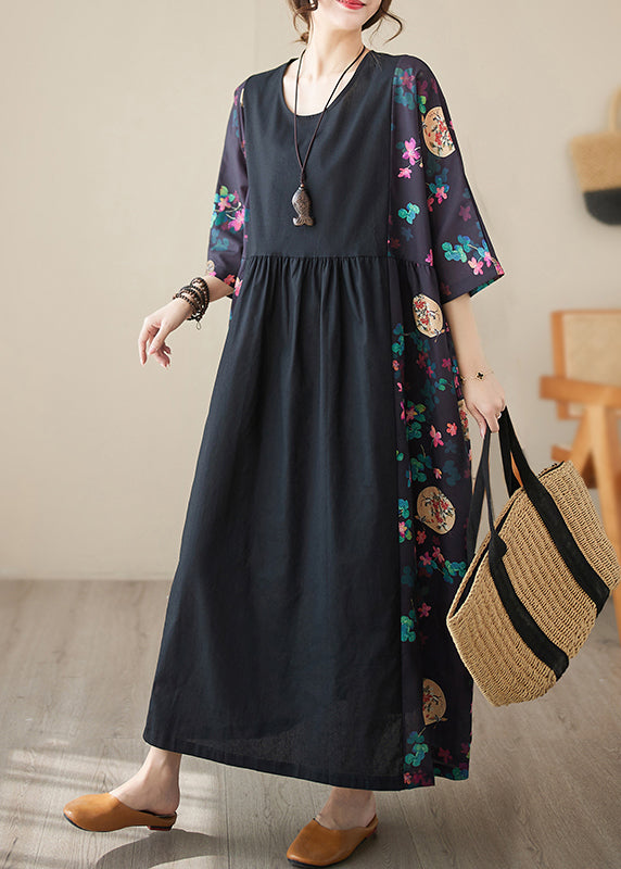 Loose Black Print Patchwork Long Dresses Half Sleeve