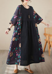 Loose Black Print Patchwork Long Dresses Half Sleeve