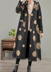 Loose Black Print Patchwork Warm Fleece Hooded Coat Winter