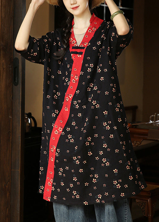 Loose Black Print Pockets Patchwork Cotton Dresses Summer