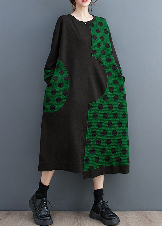 Loose Black Print Pockets Patchwork Cotton Long Dresses Fall