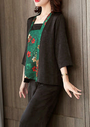 Loose Black Print Silk Cardigan Long Sleeve