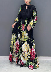 Loose Black Print Wrinkled Patchwork Chiffon Long Dresses Fall