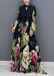 Loose Black Print Wrinkled Patchwork Chiffon Long Dresses Fall