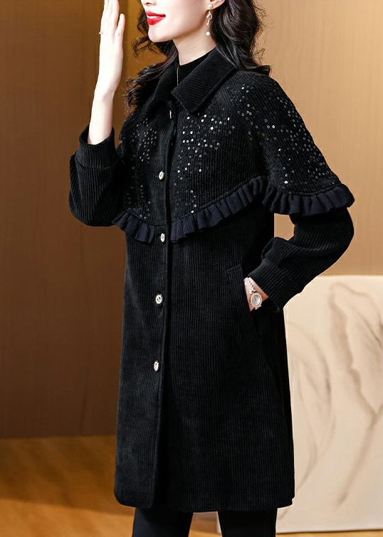 Loose Black Ruffled Sequins Patchwork Thick Coats Spring