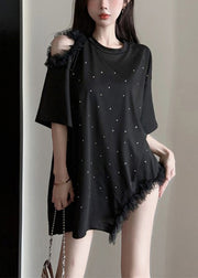 Loose Black Ruffled Zircon Patchwork Cotton T Shirt Summer