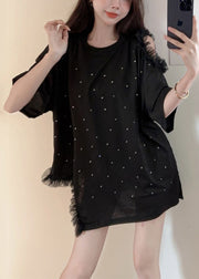 Loose Black Ruffled Zircon Patchwork Cotton T Shirt Summer