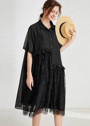 Loose Black Ruffles Lace Patchwork Chiffon Dress Summer