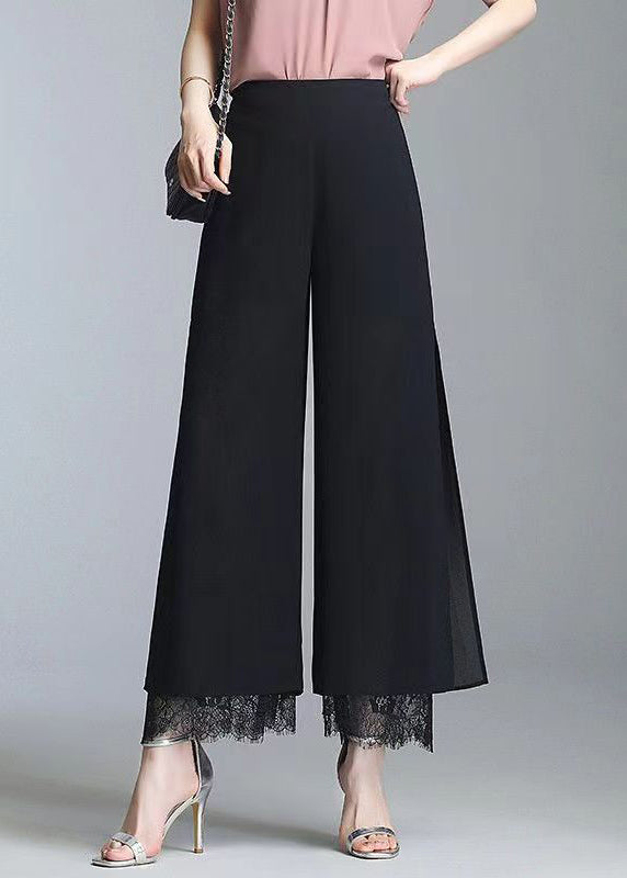 Loose Black Side Open Lace Patchwork Chiffon Crop Pants Summer