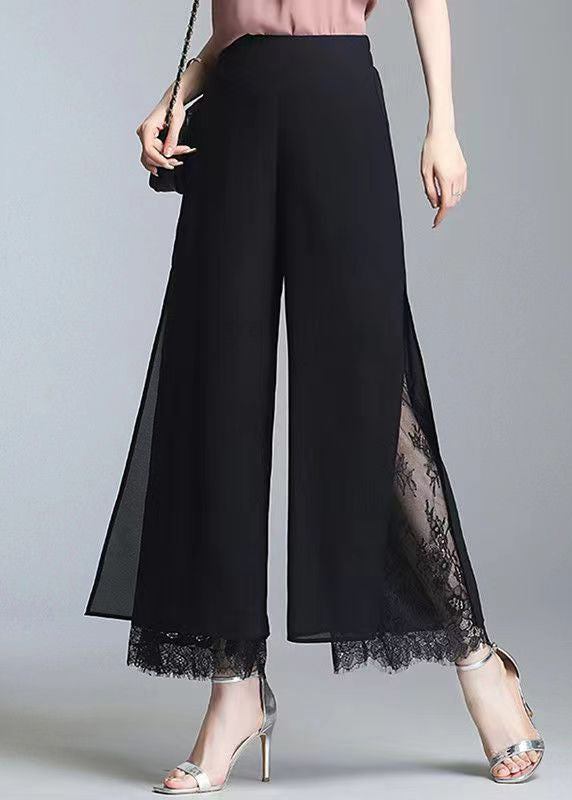 Loose Black Side Open Lace Patchwork Chiffon Crop Pants Summer