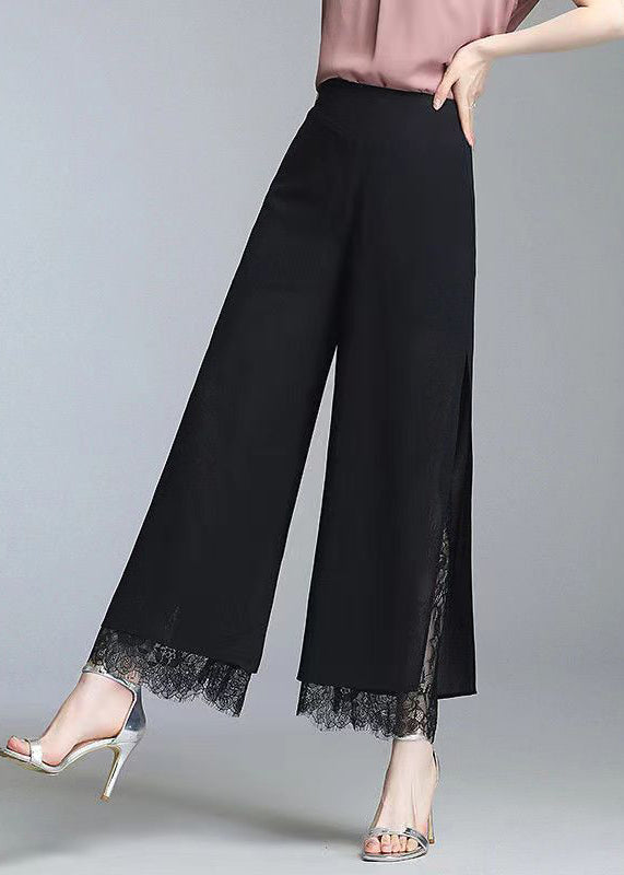 Loose Black Side Open Lace Patchwork Chiffon Crop Pants Summer