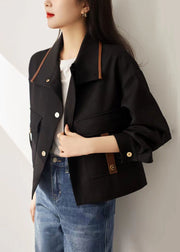 Loose Black Stand Collar Button Patchwork Cotton Coat Fall