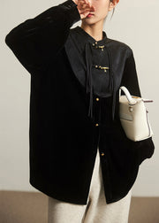 Loose Black Stand Collar Button Patchwork Silk Velour Top Long Sleeve